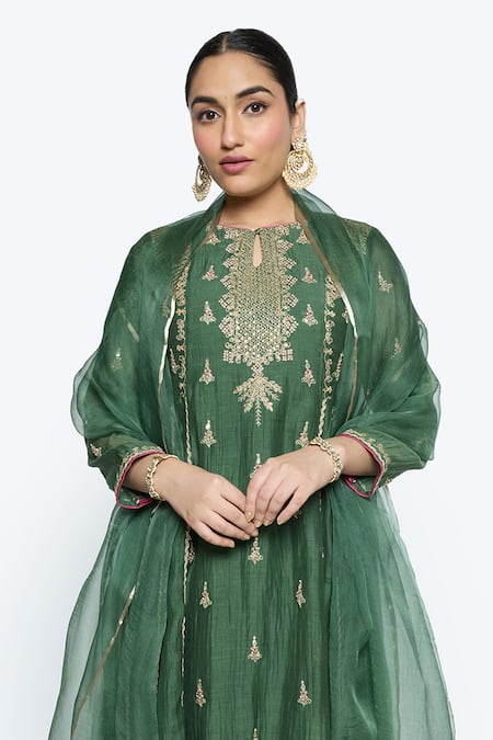 Sinjhar Green Chanderi, Organza, Cotton, Botanical Hand Anarkali Set at Aza Fashions Sinjhar_Green Chanderi, Organza, Cotton, Botanical Hand Anarkali Set _at_Aza_Fashions
