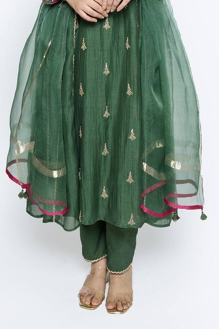 Buy Sinjhar Green Chanderi, Organza, Cotton, Botanical Hand Anarkali Set Buy_Sinjhar_Green Chanderi, Organza, Cotton, Botanical Hand Anarkali Set