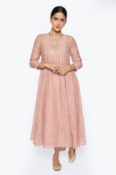 Sinjhar Pink Chanderi, Organza, Cotton, Embroidery Keyhole Hand Anarkali Set Online at Aza Fashions Sinjhar_Pink Chanderi, Organza, Cotton, Embroidery Keyhole Hand Anarkali Set _Online_at_Aza_Fashions