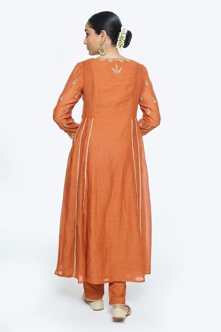 Shop Sinjhar Orange Chanderi, Organza, Cotton, Embroidery Rust Hand Anarkali Set at Aza Fashions Shop_Sinjhar_Orange Chanderi, Organza, Cotton, Embroidery Rust Hand Anarkali Set _at_Aza_Fashions