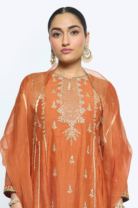 Shop Sinjhar Orange Chanderi, Organza, Cotton, Embroidery Rust Hand Anarkali Set Online at Aza Fashions Shop_Sinjhar_Orange Chanderi, Organza, Cotton, Embroidery Rust Hand Anarkali Set _Online_at_Aza_Fashions