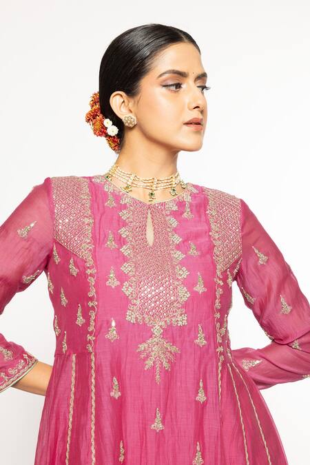 Shop Sinjhar Pink Chanderi, Organza, Cotton, Embroidery, Sequins Hand Anarkali Set Online at Aza Fashions Shop_Sinjhar_Pink Chanderi, Organza, Cotton, Embroidery, Sequins Hand Anarkali Set _Online_at_Aza_Fashions