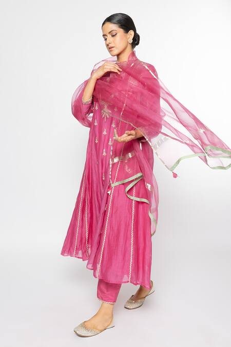 Buy Sinjhar Pink Chanderi, Organza, Cotton, Embroidery, Sequins Hand Anarkali Set Buy_Sinjhar_Pink Chanderi, Organza, Cotton, Embroidery, Sequins Hand Anarkali Set