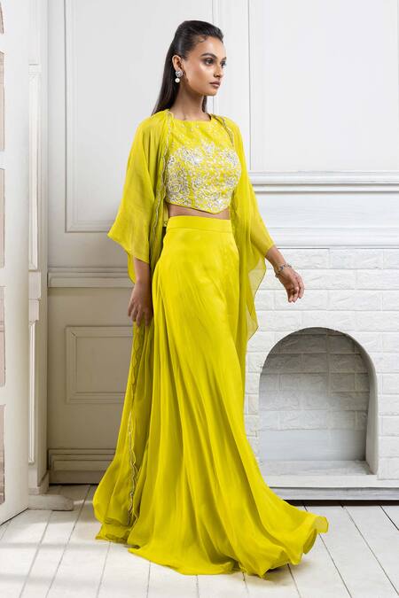 Smriti By Anju Agarwal Green Chiffon Beads, Sequins Round Neck Embroidered Cape And Palazzo Set Online at Aza Fashions Smriti By Anju Agarwal_Green Chiffon Beads, Sequins Round Neck Embroidered Cape And Palazzo Set _Online_at_Aza_Fashions