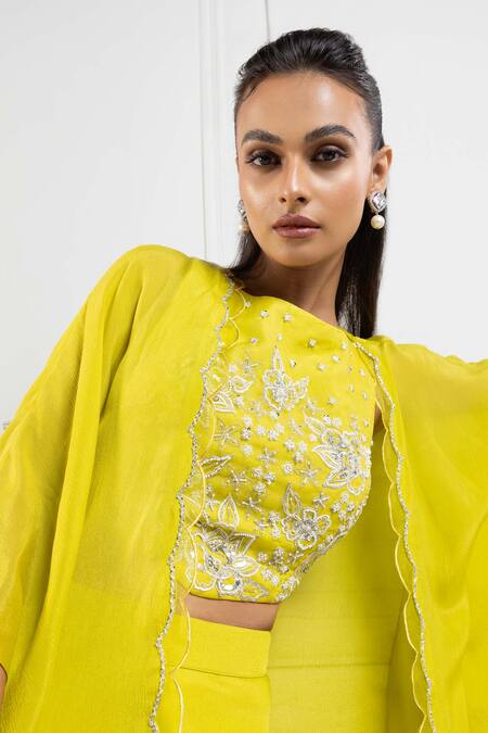 Shop Smriti By Anju Agarwal Green Chiffon Beads, Sequins Round Neck Embroidered Cape And Palazzo Set Online at Aza Fashions Shop_Smriti By Anju Agarwal_Green Chiffon Beads, Sequins Round Neck Embroidered Cape And Palazzo Set _Online_at_Aza_Fashions