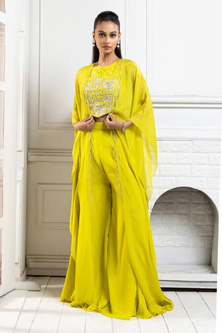 Smriti By Anju Agarwal Green Chiffon Beads, Sequins Round Neck Embroidered Cape And Palazzo Set at Aza Fashions Smriti By Anju Agarwal_Green Chiffon Beads, Sequins Round Neck Embroidered Cape And Palazzo Set _at_Aza_Fashions