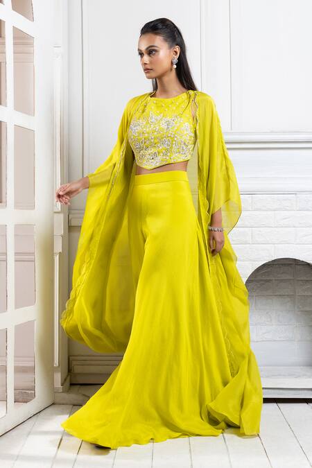 Buy Smriti By Anju Agarwal Green Chiffon Beads, Sequins Round Neck Embroidered Cape And Palazzo Set Buy_Smriti By Anju Agarwal_Green Chiffon Beads, Sequins Round Neck Embroidered Cape And Palazzo Set