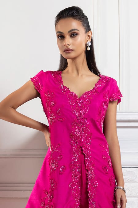 Smriti By Anju Agarwal Pink Silk, Crepe Sequins, Beads, Embroidery Floral Applique Tunic And Gharara Set Online at Aza Fashions Smriti By Anju Agarwal_Pink Silk, Crepe Sequins, Beads, Embroidery Floral Applique Tunic And Gharara Set _Online_at_Aza_Fashions