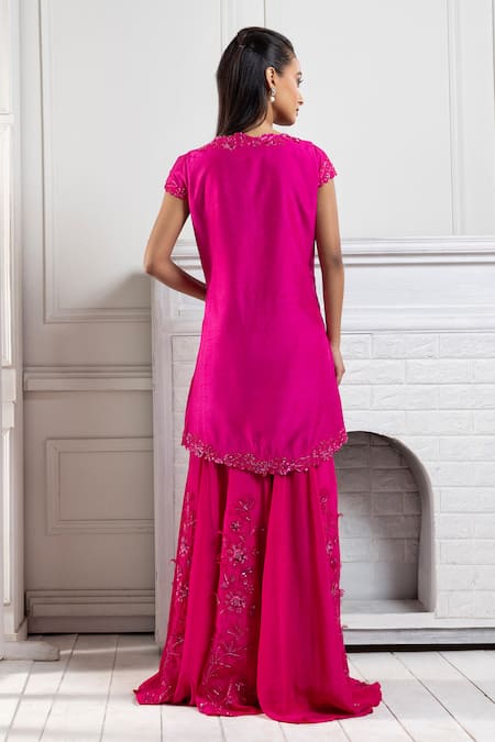 Shop Smriti By Anju Agarwal Pink Silk, Crepe Sequins, Beads, Embroidery Floral Applique Tunic And Gharara Set at Aza Fashions Shop_Smriti By Anju Agarwal_Pink Silk, Crepe Sequins, Beads, Embroidery Floral Applique Tunic And Gharara Set _at_Aza_Fashions