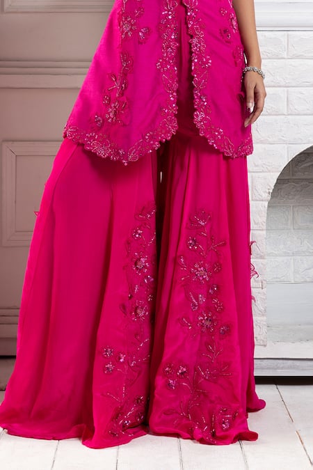 Buy Smriti By Anju Agarwal Pink Silk, Crepe Sequins, Beads, Embroidery Floral Applique Tunic And Gharara Set Online at Aza Fashions Buy_Smriti By Anju Agarwal_Pink Silk, Crepe Sequins, Beads, Embroidery Floral Applique Tunic And Gharara Set _Online_at_Aza_Fashions