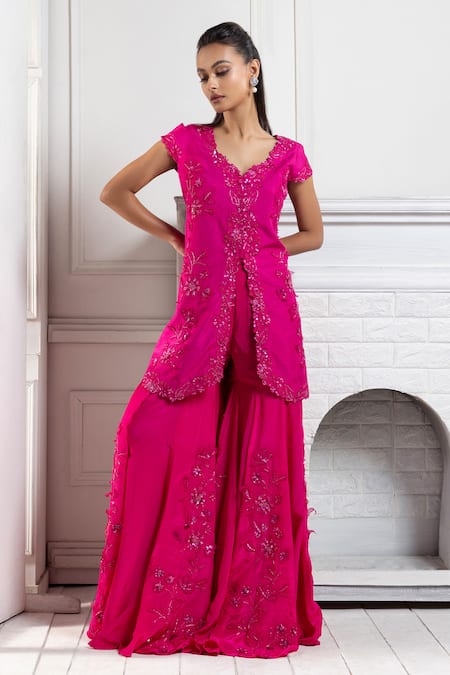 Shop Smriti By Anju Agarwal Pink Silk, Crepe Sequins, Beads, Embroidery Floral Applique Tunic And Gharara Set Online at Aza Fashions Shop_Smriti By Anju Agarwal_Pink Silk, Crepe Sequins, Beads, Embroidery Floral Applique Tunic And Gharara Set _Online_at_Aza_Fashions