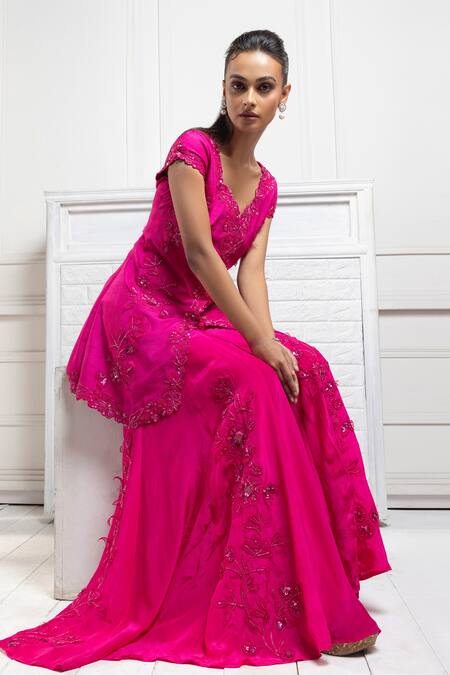Smriti By Anju Agarwal Pink Silk, Crepe Sequins, Beads, Embroidery Floral Applique Tunic And Gharara Set at Aza Fashions Smriti By Anju Agarwal_Pink Silk, Crepe Sequins, Beads, Embroidery Floral Applique Tunic And Gharara Set _at_Aza_Fashions