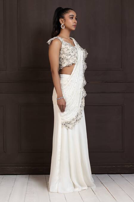 Smriti By Anju Agarwal Ivory Organza, Crepe Cut Work, Sequins, Embroidered Pre-draped Saree With Blouse Online at Aza Fashions Smriti By Anju Agarwal_Ivory Organza, Crepe Cut Work, Sequins, Embroidered Pre-draped Saree With Blouse _Online_at_Aza_Fashions