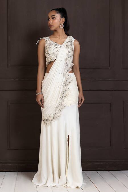 Buy Smriti By Anju Agarwal Ivory Organza, Crepe Cut Work, Sequins, Embroidered Pre-draped Saree With Blouse Online at Aza Fashions Buy_Smriti By Anju Agarwal_Ivory Organza, Crepe Cut Work, Sequins, Embroidered Pre-draped Saree With Blouse _Online_at_Aza_Fashions