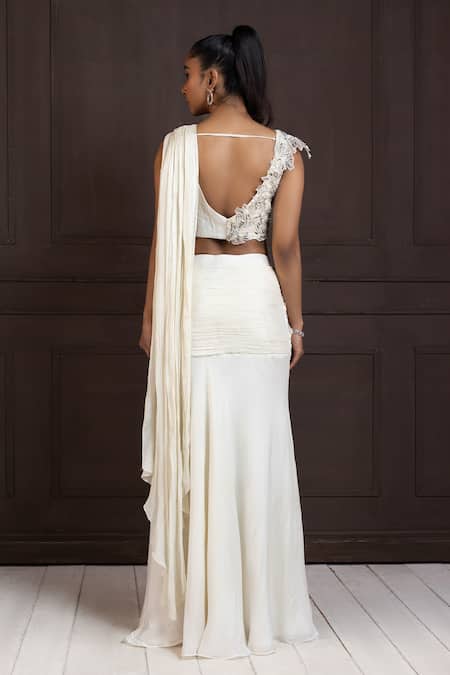 Shop Smriti By Anju Agarwal Ivory Organza, Crepe Cut Work, Sequins, Embroidered Pre-draped Saree With Blouse at Aza Fashions Shop_Smriti By Anju Agarwal_Ivory Organza, Crepe Cut Work, Sequins, Embroidered Pre-draped Saree With Blouse _at_Aza_Fashions