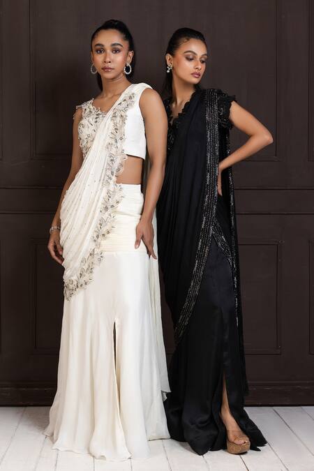 Shop Smriti By Anju Agarwal Ivory Organza, Crepe Cut Work, Sequins, Embroidered Pre-draped Saree With Blouse Online at Aza Fashions Shop_Smriti By Anju Agarwal_Ivory Organza, Crepe Cut Work, Sequins, Embroidered Pre-draped Saree With Blouse _Online_at_Aza_Fashions