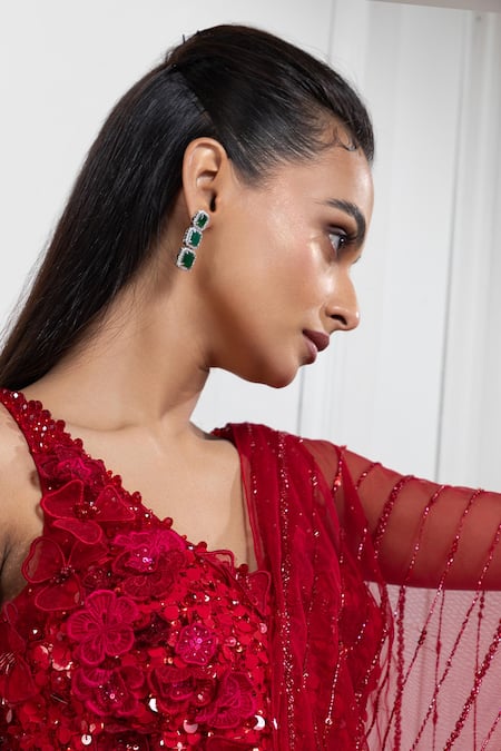Smriti By Anju Agarwal_Red Net Embroidery, Cut Work, Sequins Floral Applique Pre-stitched Skirt Saree _Online_at_Aza_Fashions