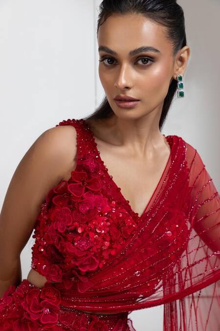 Buy_Smriti By Anju Agarwal_Red Net Embroidery, Cut Work, Sequins Floral Applique Pre-stitched Skirt Saree _Online_at_Aza_Fashions