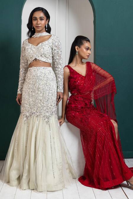 Shop_Smriti By Anju Agarwal_Red Net Embroidery, Cut Work, Sequins Floral Applique Pre-stitched Skirt Saree _Online_at_Aza_Fashions