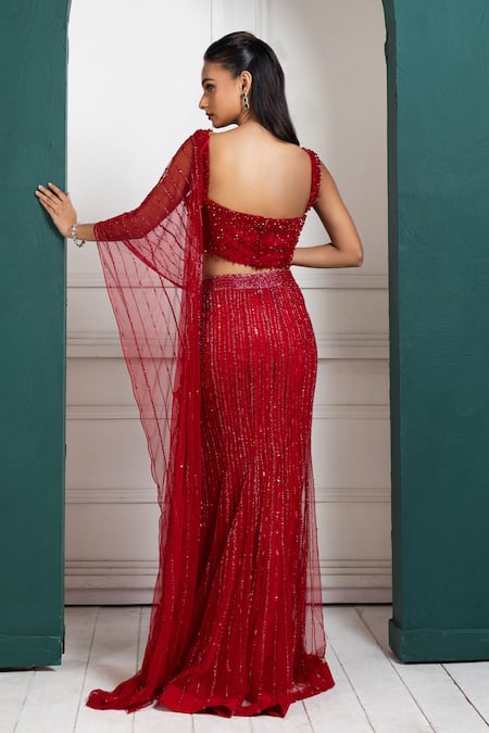 Smriti By Anju Agarwal Red Floral Applique Pre-Stitched Skirt Saree 