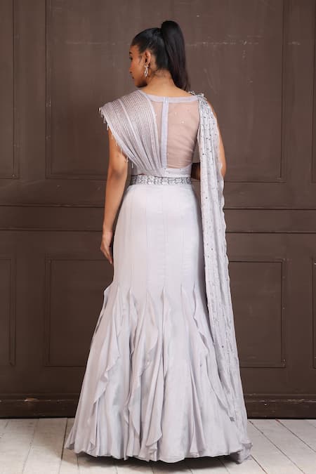 Shop Smriti By Anju Agarwal Gray Chiffon, Organza Embroidery, Applique Round 3d Floral Lehenga And Top Set at Aza Fashions Shop_Smriti By Anju Agarwal_Gray Chiffon, Organza Embroidery, Applique Round 3d Floral Lehenga And Top Set _at_Aza_Fashions
