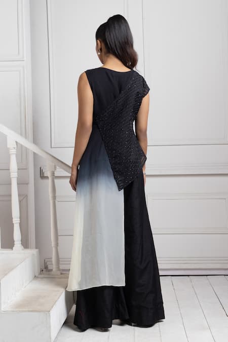 Shop Smriti By Anju Agarwal Black Silk, Georgette Beads, Applique V-neck Floral Embellished Jumpsuit And Wrap at Aza Fashions Shop_Smriti By Anju Agarwal_Black Silk, Georgette Beads, Applique V-neck Floral Embellished Jumpsuit And Wrap _at_Aza_Fashions