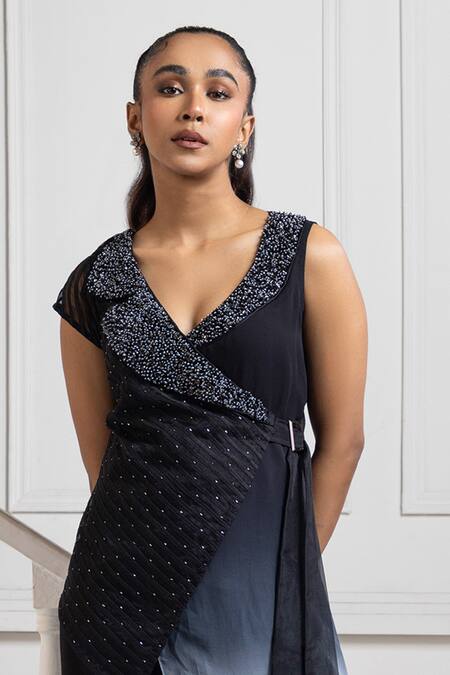 Smriti By Anju Agarwal Black Silk, Georgette Beads, Applique V-neck Floral Embellished Jumpsuit And Wrap Online at Aza Fashions Smriti By Anju Agarwal_Black Silk, Georgette Beads, Applique V-neck Floral Embellished Jumpsuit And Wrap _Online_at_Aza_Fashions