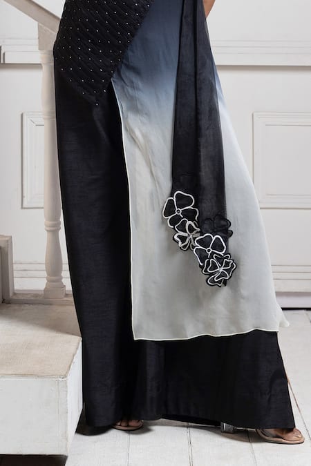 Shop Smriti By Anju Agarwal Black Silk, Georgette Beads, Applique V-neck Floral Embellished Jumpsuit And Wrap Online at Aza Fashions Shop_Smriti By Anju Agarwal_Black Silk, Georgette Beads, Applique V-neck Floral Embellished Jumpsuit And Wrap _Online_at_Aza_Fashions