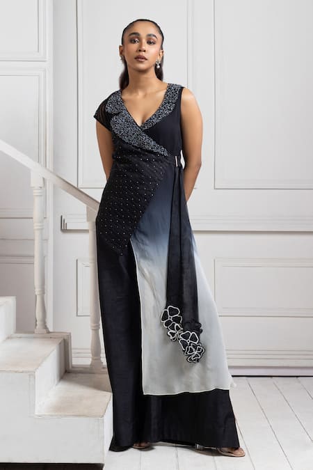 Smriti By Anju Agarwal Black Silk, Georgette Beads, Applique V-neck Floral Embellished Jumpsuit And Wrap at Aza Fashions Smriti By Anju Agarwal_Black Silk, Georgette Beads, Applique V-neck Floral Embellished Jumpsuit And Wrap _at_Aza_Fashions
