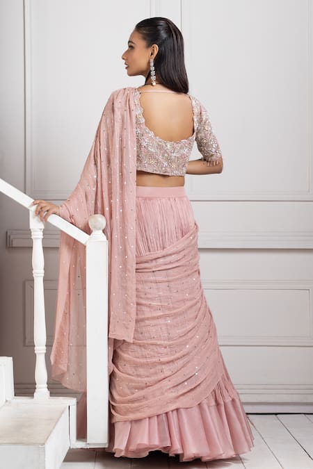 Smriti By Anju Agarwal Floral Applique Pink Pre-Draped Lehenga Saree 