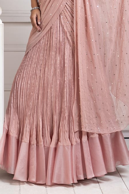 Smriti By Anju Agarwal_Pink Satin, Organza, Georgette Sequins, Cut Floral Pre-draped Lehenga Saree _at_Aza_Fashions