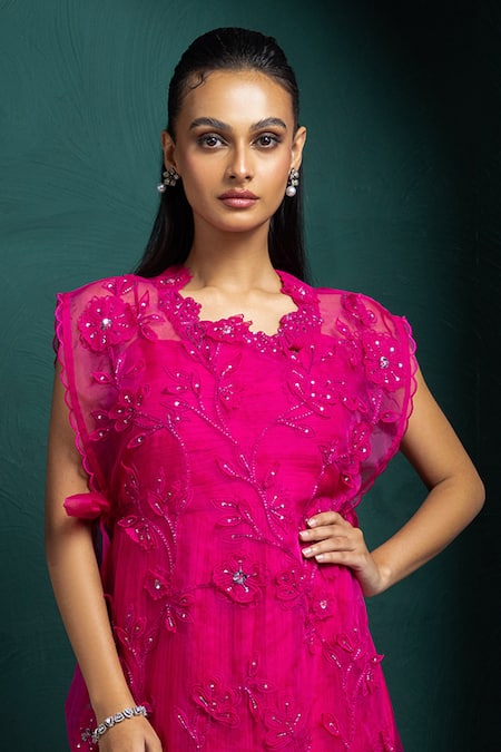Smriti By Anju Agarwal_Fuchsia Chiffon Cut Work, Sequins, Embroidery Scoop Neck Floral Cape And Gown Set _Online_at_Aza_Fashions