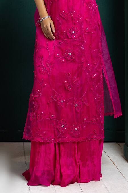 Buy_Smriti By Anju Agarwal_Fuchsia Chiffon Cut Work, Sequins, Embroidery Scoop Neck Floral Cape And Gown Set _Online_at_Aza_Fashions