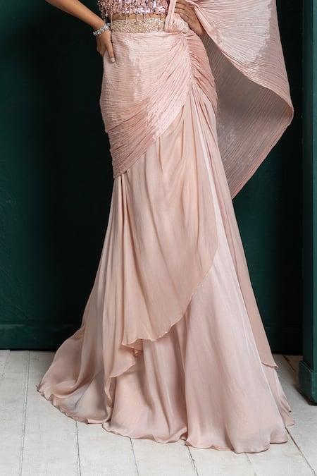 Smriti By Anju Agarwal_Pink Chiffon Beads, Cut Pleated Pre-draped Skirt Saree And Embroidered Blouse _Online_at_Aza_Fashions