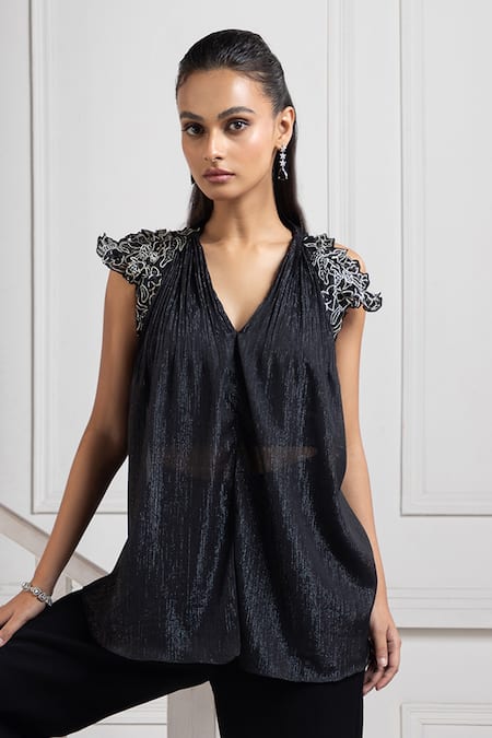 Shop Smriti By Anju Agarwal Black Chiffon, Cotton Embroidery V-neck Floral Cutwork Top And Pant Set at Aza Fashions Shop_Smriti By Anju Agarwal_Black Chiffon, Cotton Embroidery V-neck Floral Cutwork Top And Pant Set _at_Aza_Fashions
