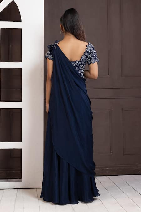 Shop Smriti By Anju Agarwal Blue Silk, Chiffon Applique, Pearls, Bloom Embroidered Blouse And Pant Set at Aza Fashions Shop_Smriti By Anju Agarwal_Blue Silk, Chiffon Applique, Pearls, Bloom Embroidered Blouse And Pant Set _at_Aza_Fashions