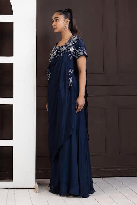 Smriti By Anju Agarwal Blue Silk, Chiffon Applique, Pearls, Bloom Embroidered Blouse And Pant Set Online at Aza Fashions Smriti By Anju Agarwal_Blue Silk, Chiffon Applique, Pearls, Bloom Embroidered Blouse And Pant Set _Online_at_Aza_Fashions