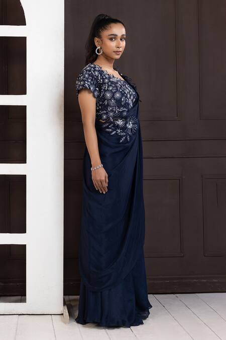 Buy Smriti By Anju Agarwal Blue Silk, Chiffon Applique, Pearls, Bloom Embroidered Blouse And Pant Set Online at Aza Fashions Buy_Smriti By Anju Agarwal_Blue Silk, Chiffon Applique, Pearls, Bloom Embroidered Blouse And Pant Set _Online_at_Aza_Fashions