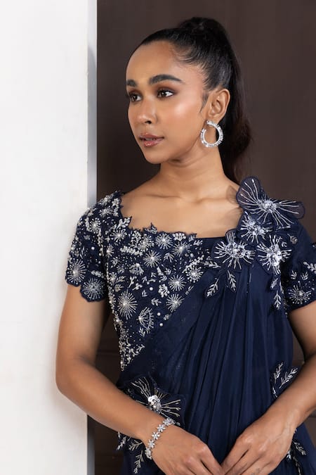 Shop Smriti By Anju Agarwal Blue Silk, Chiffon Applique, Pearls, Bloom Embroidered Blouse And Pant Set Online at Aza Fashions Shop_Smriti By Anju Agarwal_Blue Silk, Chiffon Applique, Pearls, Bloom Embroidered Blouse And Pant Set _Online_at_Aza_Fashions