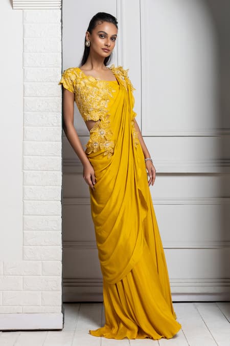 Shop Smriti By Anju Agarwal Yellow Silk, Chiffon Pearls, Sequins, Blossom Embroidered Blouse And Drape Set at Aza Fashions Shop_Smriti By Anju Agarwal_Yellow Silk, Chiffon Pearls, Sequins, Blossom Embroidered Blouse And Drape Set _at_Aza_Fashions