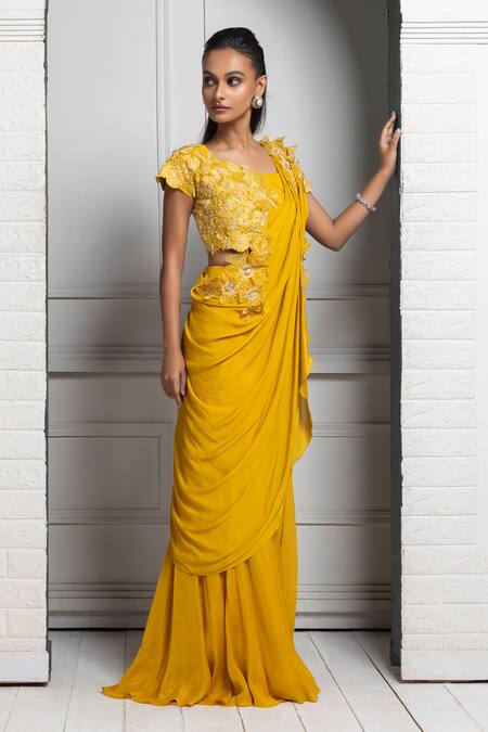 Smriti By Anju Agarwal Yellow Silk, Chiffon Pearls, Sequins, Blossom Embroidered Blouse And Drape Set Online at Aza Fashions Smriti By Anju Agarwal_Yellow Silk, Chiffon Pearls, Sequins, Blossom Embroidered Blouse And Drape Set _Online_at_Aza_Fashions