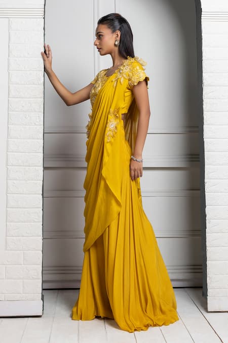 Buy Smriti By Anju Agarwal Yellow Silk, Chiffon Pearls, Sequins, Blossom Embroidered Blouse And Drape Set Online at Aza Fashions Buy_Smriti By Anju Agarwal_Yellow Silk, Chiffon Pearls, Sequins, Blossom Embroidered Blouse And Drape Set _Online_at_Aza_Fashions