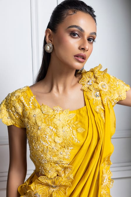 Shop Smriti By Anju Agarwal Yellow Silk, Chiffon Pearls, Sequins, Blossom Embroidered Blouse And Drape Set Online at Aza Fashions Shop_Smriti By Anju Agarwal_Yellow Silk, Chiffon Pearls, Sequins, Blossom Embroidered Blouse And Drape Set _Online_at_Aza_Fashions