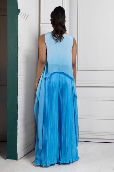 Shop Smriti By Anju Agarwal Blue Chiffon Applique Round Neck Bloom Asymmetric Top And Flared Pant at Aza Fashions Shop_Smriti By Anju Agarwal_Blue Chiffon Applique Round Neck Bloom Asymmetric Top And Flared Pant _at_Aza_Fashions