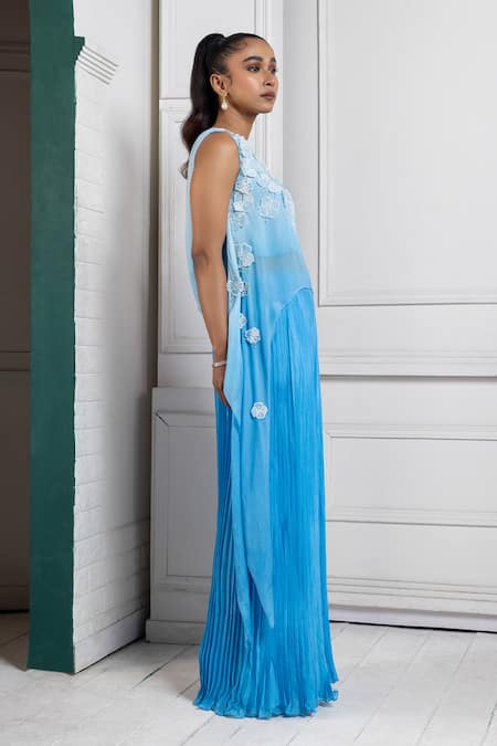 Smriti By Anju Agarwal Blue Chiffon Applique Round Neck Bloom Asymmetric Top And Flared Pant Online at Aza Fashions Smriti By Anju Agarwal_Blue Chiffon Applique Round Neck Bloom Asymmetric Top And Flared Pant _Online_at_Aza_Fashions