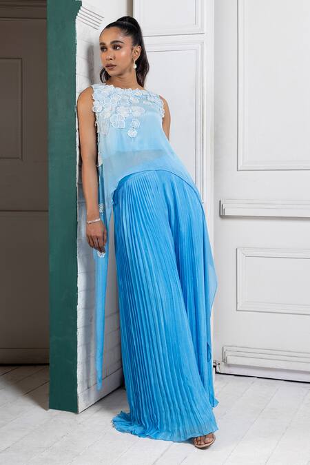Buy Smriti By Anju Agarwal Blue Chiffon Applique Round Neck Bloom Asymmetric Top And Flared Pant Online at Aza Fashions Buy_Smriti By Anju Agarwal_Blue Chiffon Applique Round Neck Bloom Asymmetric Top And Flared Pant _Online_at_Aza_Fashions