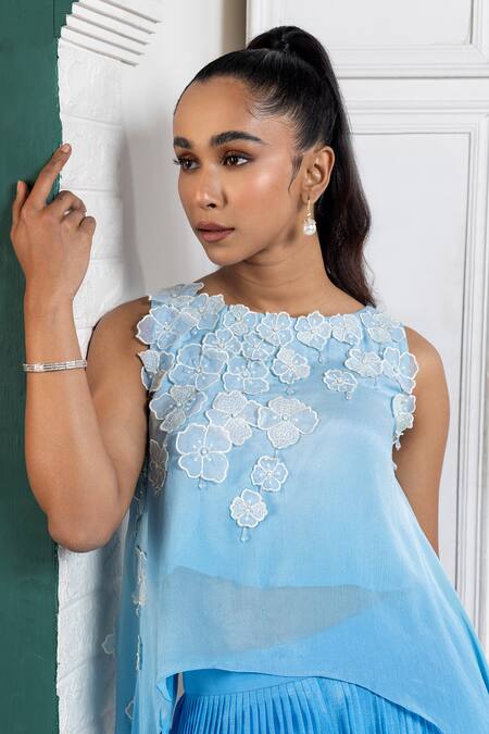 Smriti By Anju Agarwal Blue Chiffon Applique Round Neck Bloom Asymmetric Top And Flared Pant at Aza Fashions Smriti By Anju Agarwal_Blue Chiffon Applique Round Neck Bloom Asymmetric Top And Flared Pant _at_Aza_Fashions