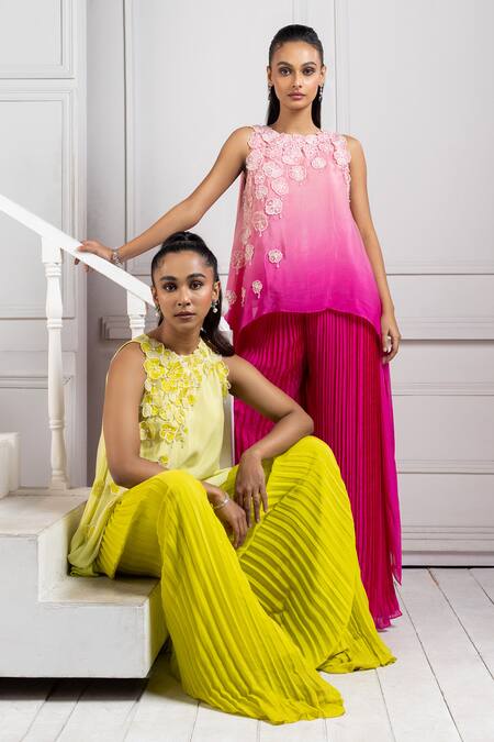 Smriti By Anju Agarwal Green Chiffon Applique Round Neck Blossom Asymmetric Top And Flared Pant Online at Aza Fashions Smriti By Anju Agarwal_Green Chiffon Applique Round Neck Blossom Asymmetric Top And Flared Pant _Online_at_Aza_Fashions