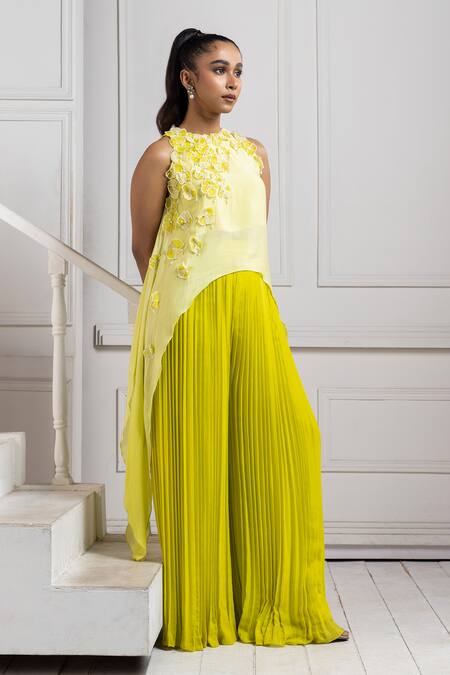 Buy Smriti By Anju Agarwal Green Chiffon Applique Round Neck Blossom Asymmetric Top And Flared Pant Online at Aza Fashions Buy_Smriti By Anju Agarwal_Green Chiffon Applique Round Neck Blossom Asymmetric Top And Flared Pant _Online_at_Aza_Fashions