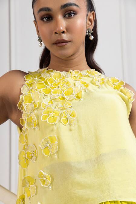 Shop Smriti By Anju Agarwal Green Chiffon Applique Round Neck Blossom Asymmetric Top And Flared Pant Online at Aza Fashions Shop_Smriti By Anju Agarwal_Green Chiffon Applique Round Neck Blossom Asymmetric Top And Flared Pant _Online_at_Aza_Fashions